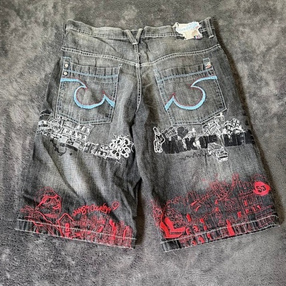 5ive Jungle & Co Mens Denim Shorts 36X14 Grey Faded Y2K Streetwear Baggy Jean